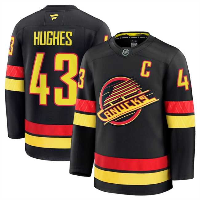 Mens Vancouver Canucks #43 Quinn Hughes Black 2024-25 Alternate Stitched Hockey Jersey Dzhi